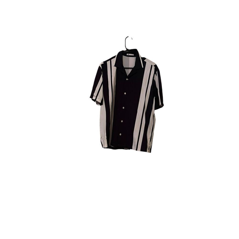 Zara Mens Blue White Striped Short Sleeve Button-Down Shirt Size Medium